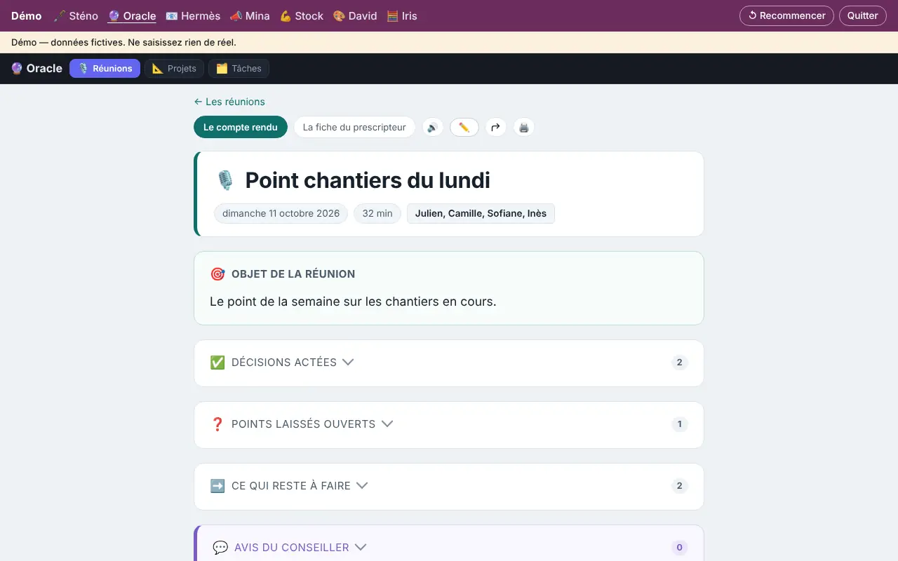 Compte rendu d'une réunion dans Oracle, produit par Sténo