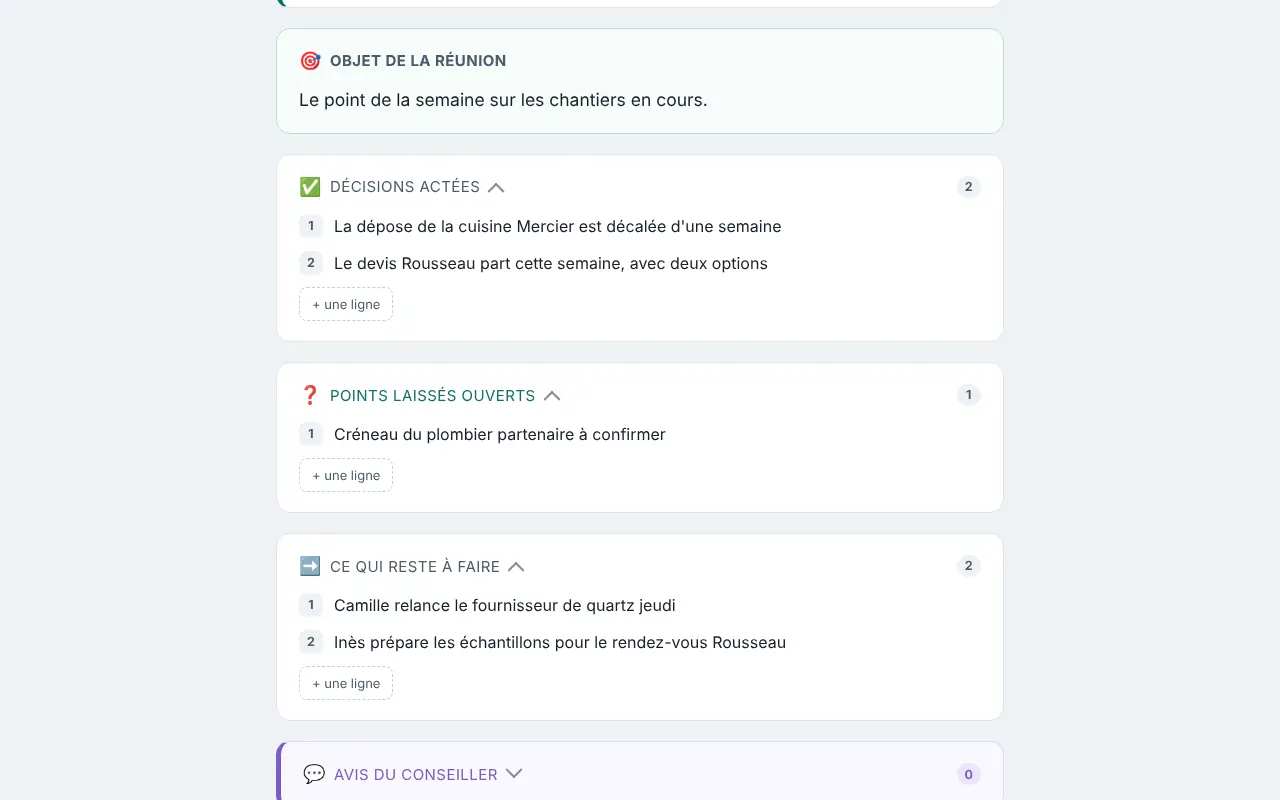 Décisions, points ouverts et suites d'un compte rendu Sténo