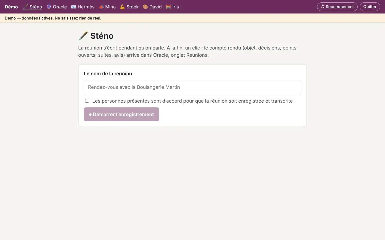Écran de démarrage de Sténo : nom de la réunion et accord des personnes présentes